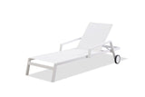 Bondi Outdoor Chaise Lounge Aluminium Matte White Color, White Textilene And Two Wheels, Stackable