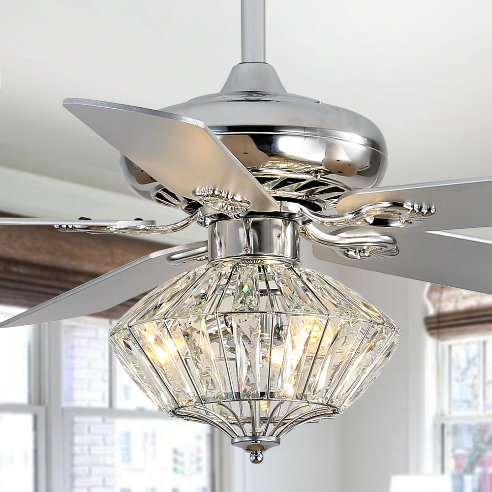 Landi Ceiling Light Fan - Elegant Chrome Design with Crystal Shade, 3-Speed Remote Control, 52" Sweep