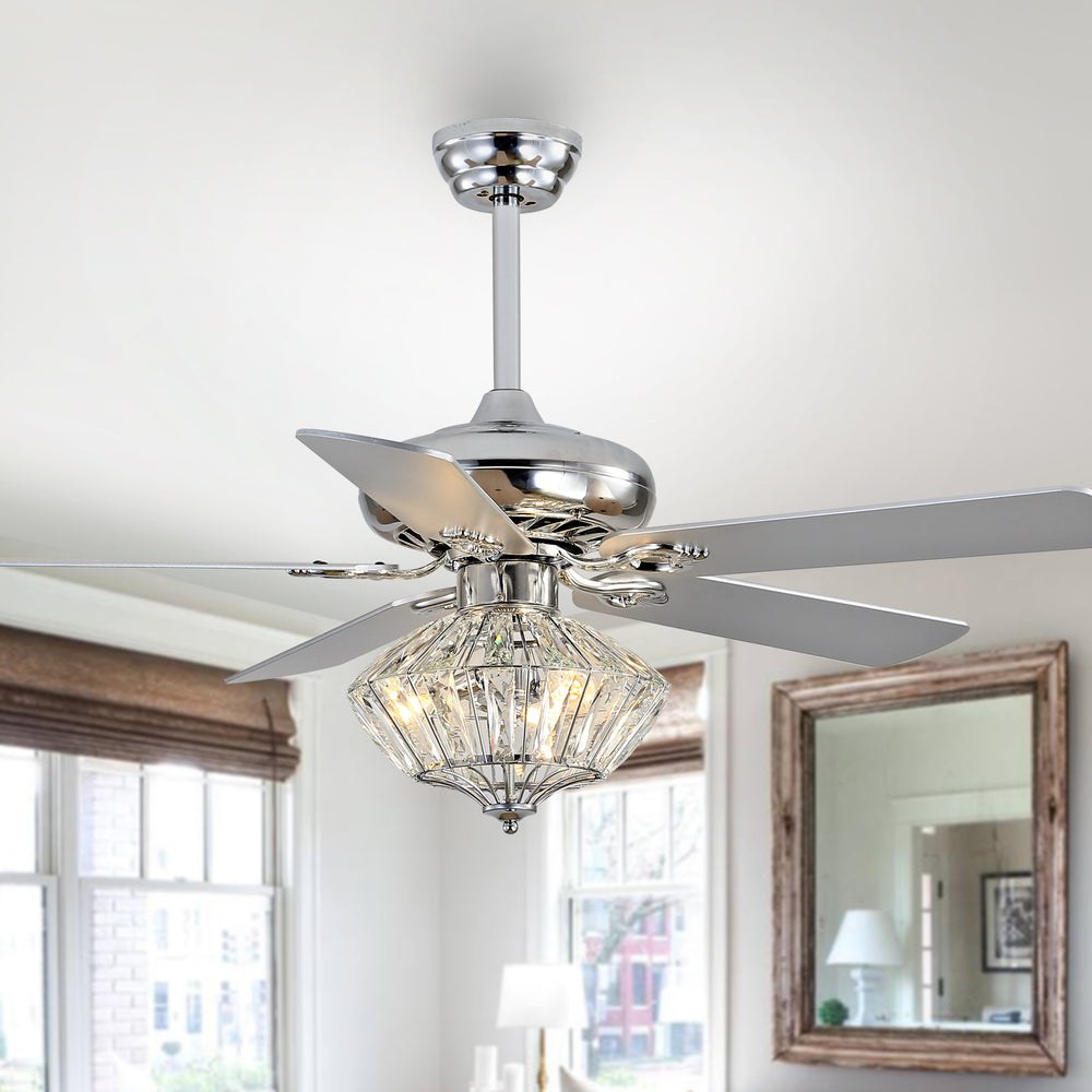 Landi Ceiling Light Fan - Elegant Chrome Design with Crystal Shade, 3-Speed Remote Control, 52" Sweep