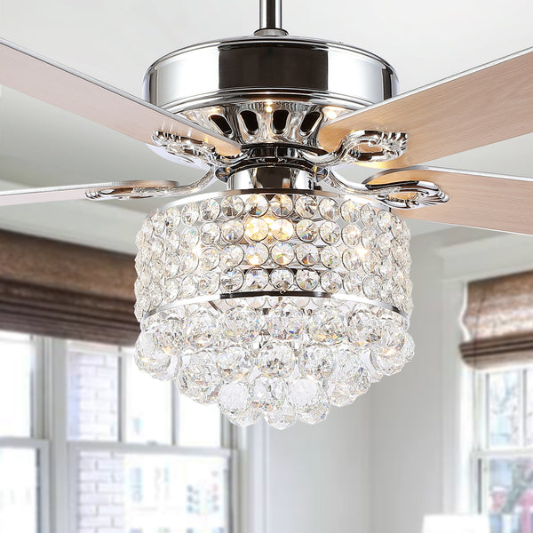 Pramton Ceiling Light Fan - Elegant Chrome Fixture with Crystal Accents & Reversible Maple Blades