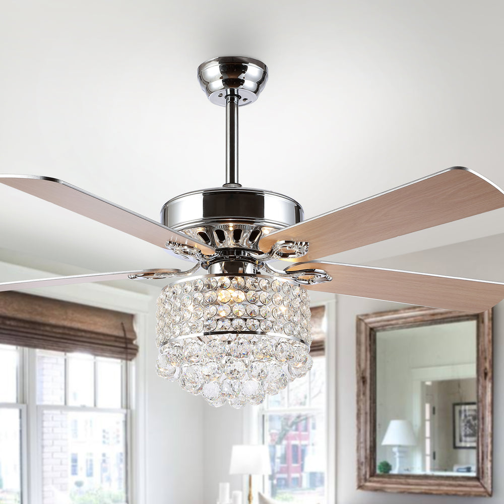 Pramton Ceiling Light Fan - Elegant Chrome Fixture with Crystal Accents & Reversible Maple Blades