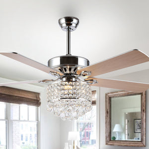 Pramton Ceiling Light Fan - Elegant Chrome Fixture with Crystal Accents & Reversible Maple Blades