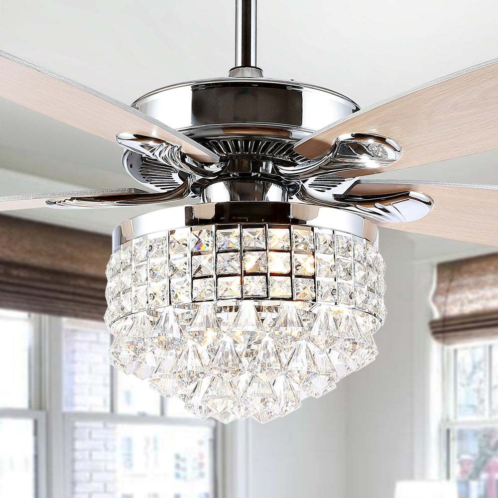 Lanzer Crystal Ceiling Light Fan - Elegant Chrome Design with Tiered Diamonds & Reversible Blades