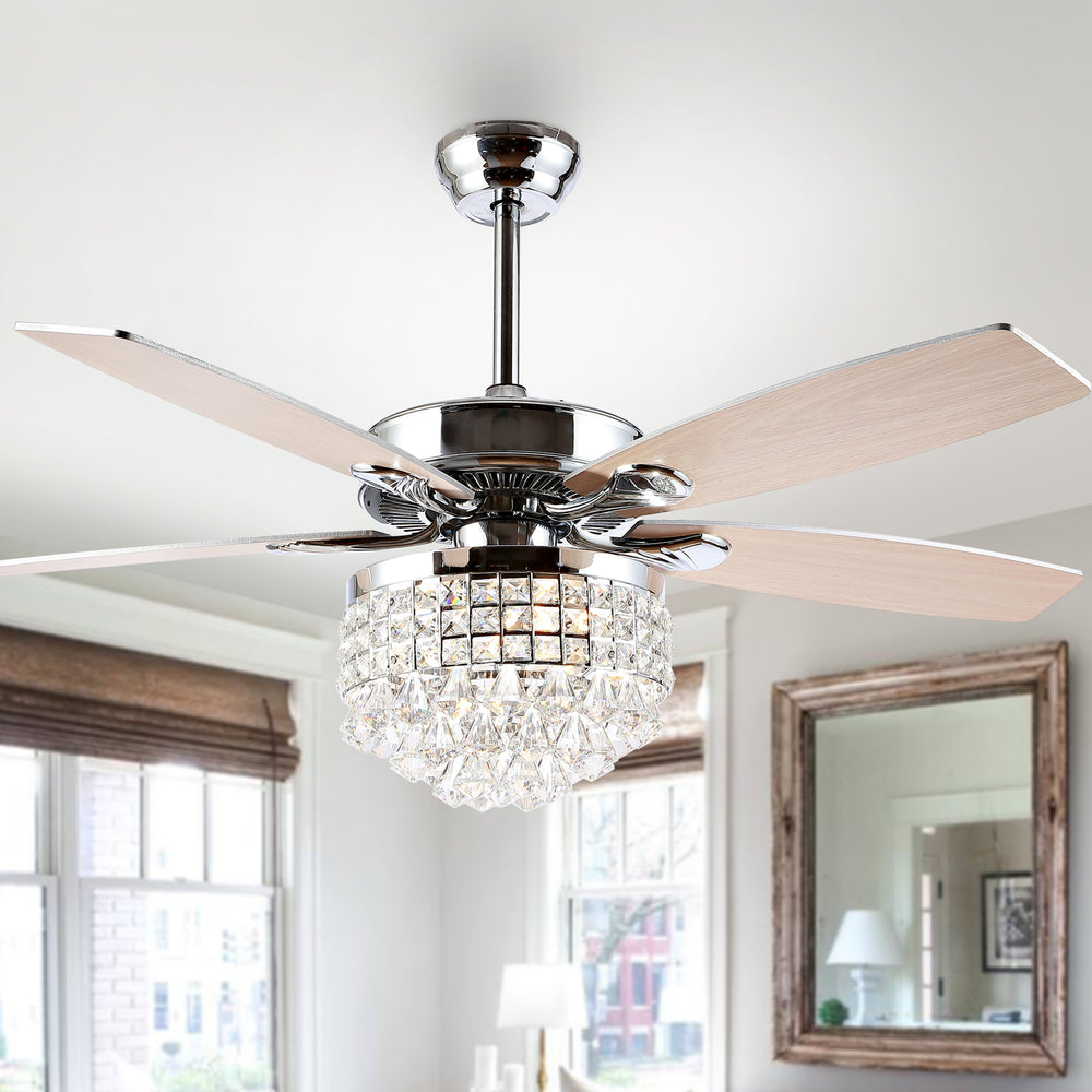 Lanzer Crystal Ceiling Light Fan - Elegant Chrome Design with Tiered Diamonds & Reversible Blades