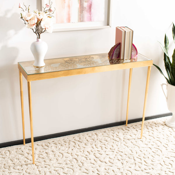 Leilani Palm Leaf Console Table - Luxurious Gold Leaf & Glass Design for Modern Living Rooms