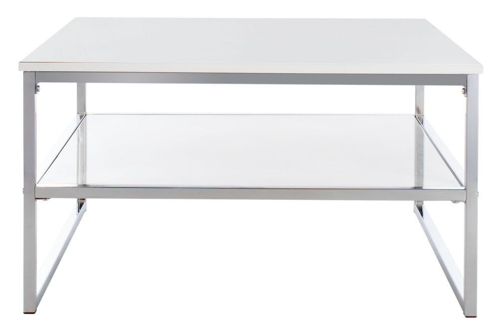 Aliza Sleek 2-Tier Square Coffee Table with High Gloss White Lacquer and Chic Chrome Frame Design