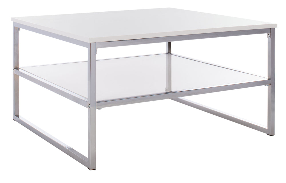 Aliza Sleek 2-Tier Square Coffee Table with High Gloss White Lacquer and Chic Chrome Frame Design