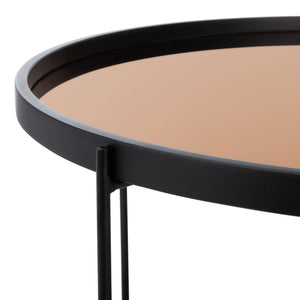 Ruby Contemporary Round Tray Top Coffee Table with Rose Gold Glass and Black Wood Frame, Stylish & Elegant