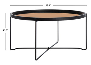 Ruby Contemporary Round Tray Top Coffee Table with Rose Gold Glass and Black Wood Frame, Stylish & Elegant