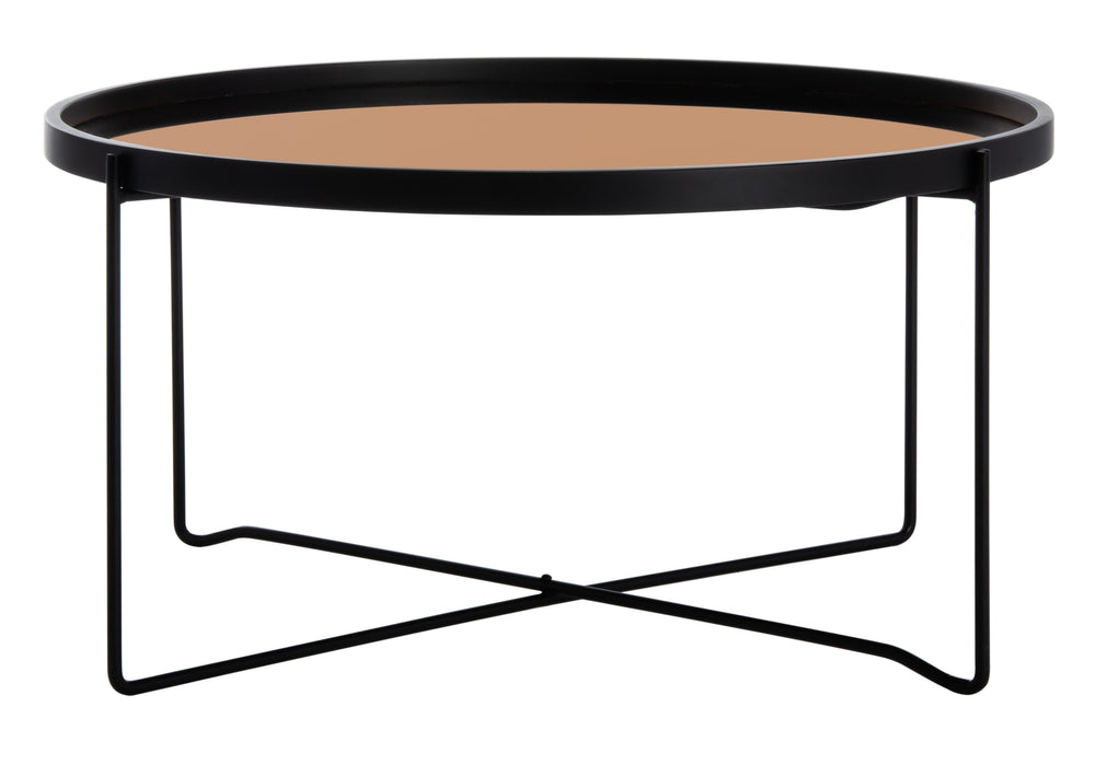 Ruby Contemporary Round Tray Top Coffee Table with Rose Gold Glass and Black Wood Frame, Stylish & Elegant