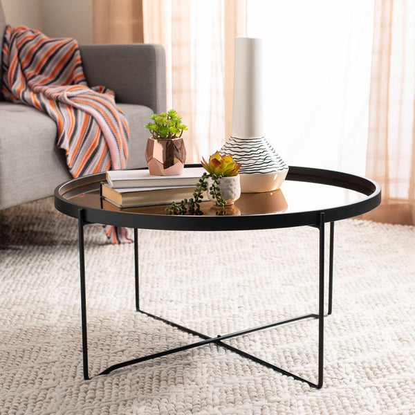 Ruby Contemporary Round Tray Top Coffee Table with Rose Gold Glass and Black Wood Frame, Stylish & Elegant