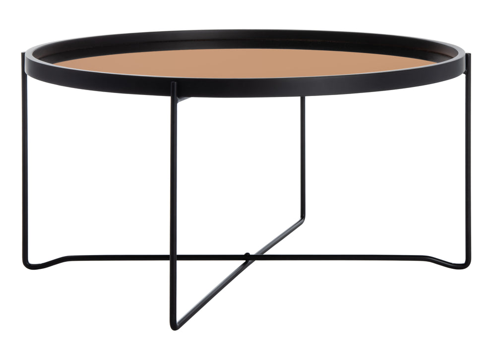 Ruby Contemporary Round Tray Top Coffee Table with Rose Gold Glass and Black Wood Frame, Stylish & Elegant