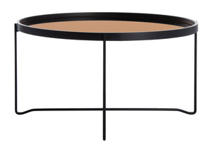 Ruby Contemporary Round Tray Top Coffee Table with Rose Gold Glass and Black Wood Frame, Stylish & Elegant