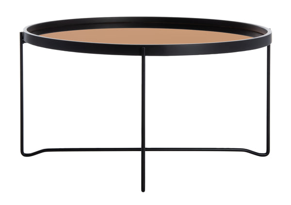 Ruby Contemporary Round Tray Top Coffee Table with Rose Gold Glass and Black Wood Frame, Stylish & Elegant