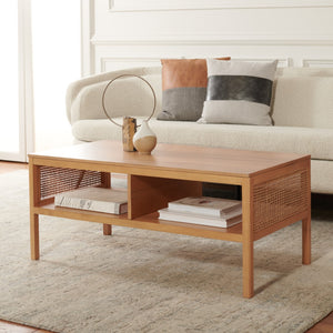 Miya Coffee Table: Stylish Rattan Mesh Design with Open Shelves for a Cozy Living Room Centerpiece