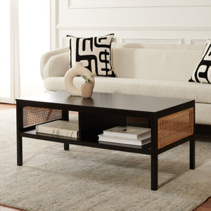 Miya Coffee Table: Stylish Rattan Mesh Design with Open Shelves for a Cozy Living Room Centerpiece