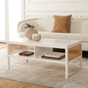Miya Coffee Table: Stylish Rattan Mesh Design with Open Shelves for a Cozy Living Room Centerpiece