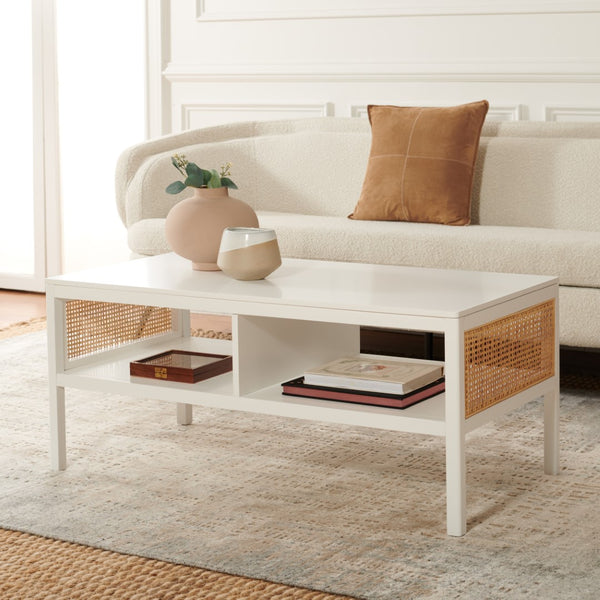 Miya Coffee Table: Stylish Rattan Mesh Design with Open Shelves for a Cozy Living Room Centerpiece