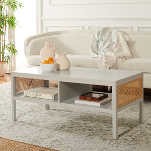 Miya Coffee Table: Stylish Rattan Mesh Design with Open Shelves for a Cozy Living Room Centerpiece
