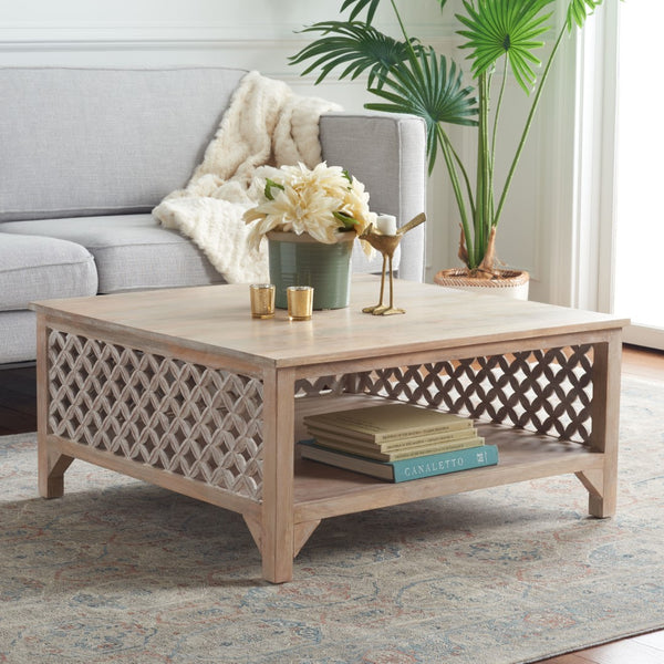 Squall Square 1 Shelf Coffee Table - Airy Architectural Design with Fretwork Carving for Your Home