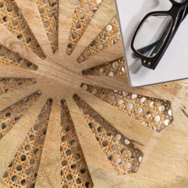 Flora Round Coffee Table - Luxurious Mango Wood with Floral Design and Brass Accents for Modern Living