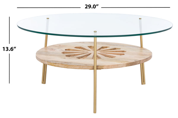 Flora Round Coffee Table - Luxurious Mango Wood with Floral Design and Brass Accents for Modern Living