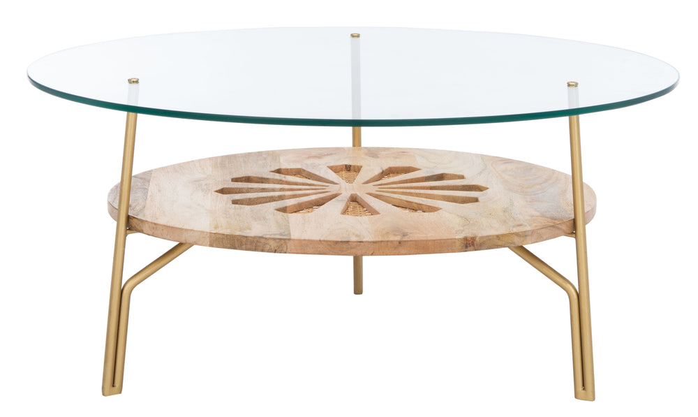 Flora Round Coffee Table - Luxurious Mango Wood with Floral Design and Brass Accents for Modern Living
