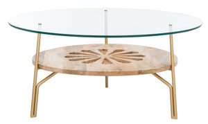 Flora Round Coffee Table - Luxurious Mango Wood with Floral Design and Brass Accents for Modern Living