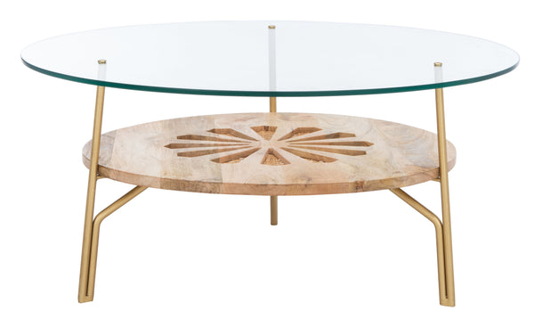 Flora Round Coffee Table - Luxurious Mango Wood with Floral Design and Brass Accents for Modern Living