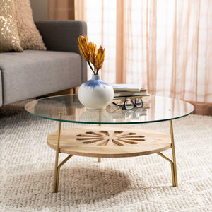Flora Round Coffee Table - Luxurious Mango Wood with Floral Design and Brass Accents for Modern Living