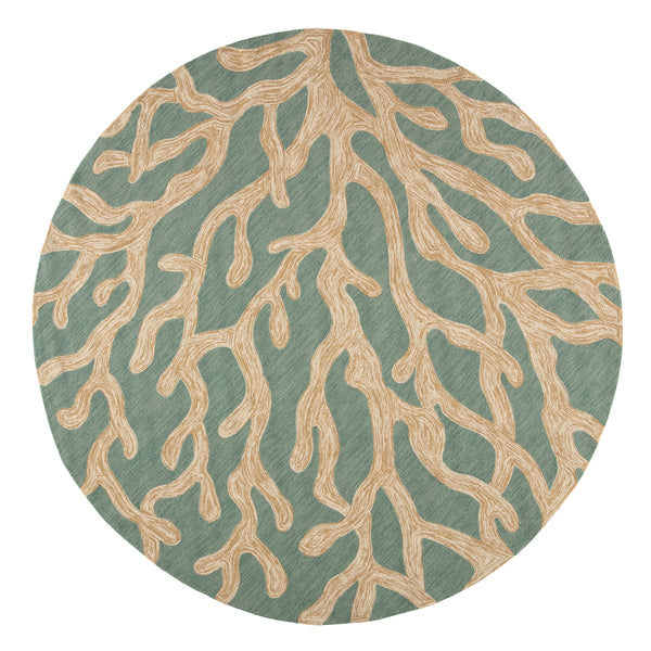 Jaipur Living Coral Indoor/ Outdoor Abstract Teal/ Tan Round Area Rug (8'