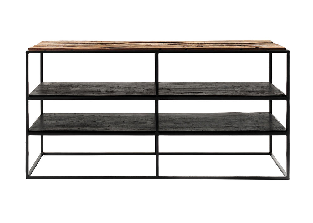Rustika TV Stand Open Shelving 112cm in Mindi, Plywood, Recycled Boat Wood & Iron with Rustic Boat Wood & Nordic Black Finish