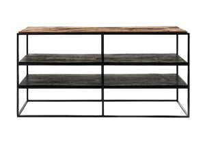 Rustika TV Stand Open Shelving 112cm in Mindi, Plywood, Recycled Boat Wood & Iron with Rustic Boat Wood & Nordic Black Finish