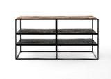 Rustika TV Stand Open Shelving 112cm in Mindi, Plywood, Recycled Boat Wood & Iron with Rustic Boat Wood & Nordic Black Finish