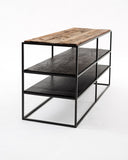 Rustika TV Stand Open Shelving 112cm in Mindi, Plywood, Recycled Boat Wood & Iron with Rustic Boat Wood & Nordic Black Finish