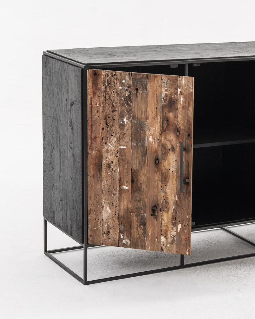 Rustika Sideboard 4 Doors in Mindi, Plywood, Recycled Boat Wood & Iron with Rustic Boat Wood & Nordic Black Finish