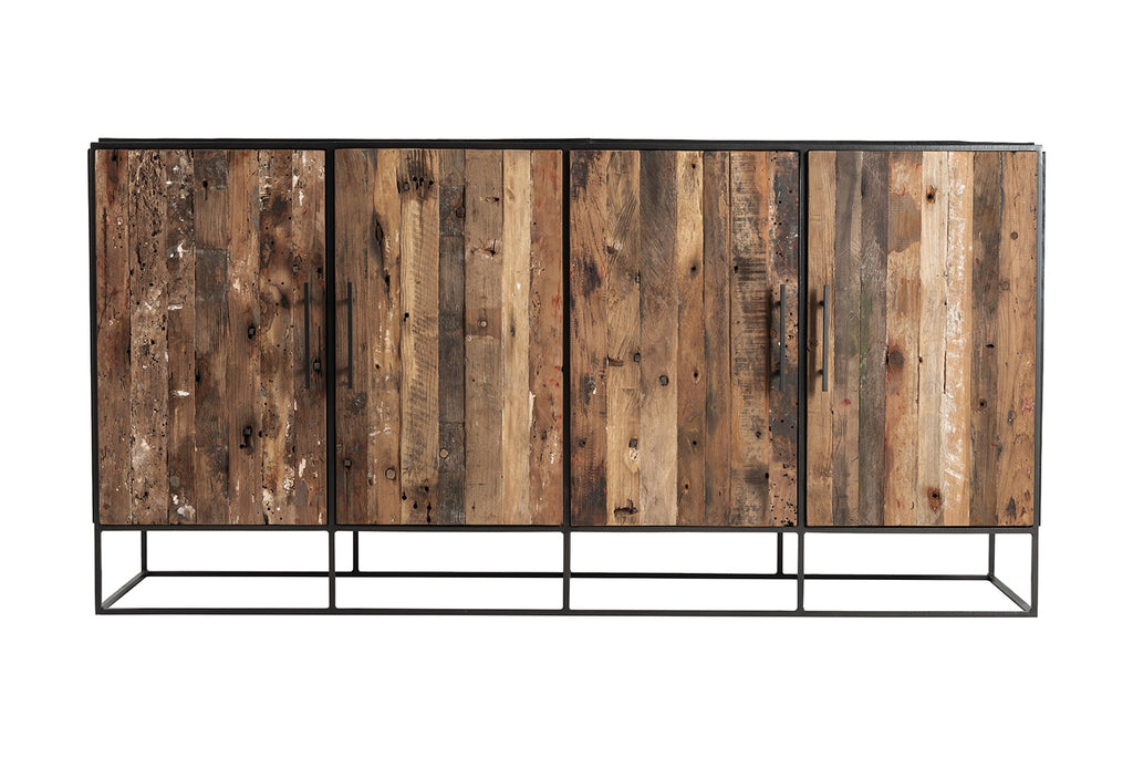 Rustika Sideboard 4 Doors in Mindi, Plywood, Recycled Boat Wood & Iron with Rustic Boat Wood & Nordic Black Finish