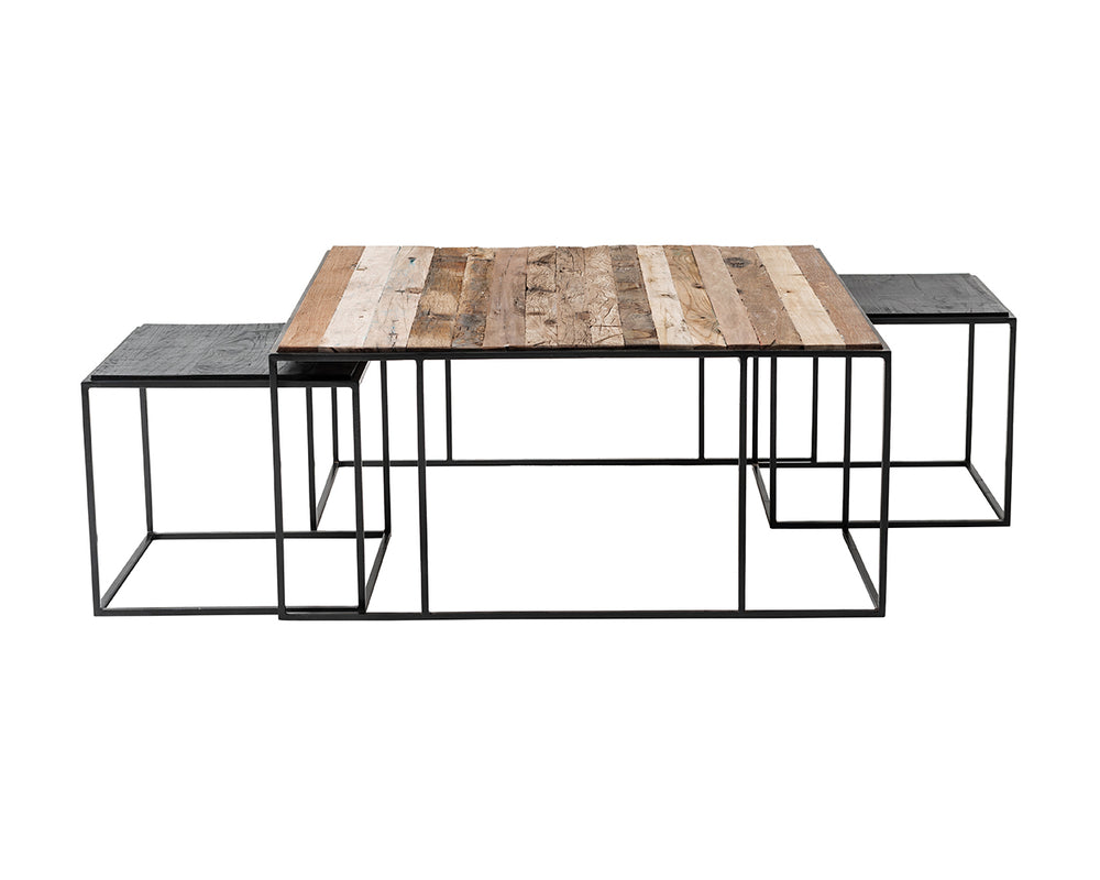 Rustika Nesting Coffee Table Set 100cm in Mindi, Plywood, Recycled Boat Wood & Iron with Rustic Boat Wood & Nordic Black Finish