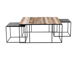 Rustika Nesting Coffee Table Set 100cm in Mindi, Plywood, Recycled Boat Wood & Iron with Rustic Boat Wood & Nordic Black Finish