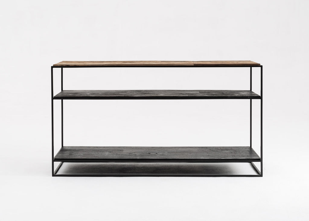 Rustika Console Table in Mindi, Plywood, Recycled Boat Wood & Iron with Rustic Boat Wood & Nordic Black Finish