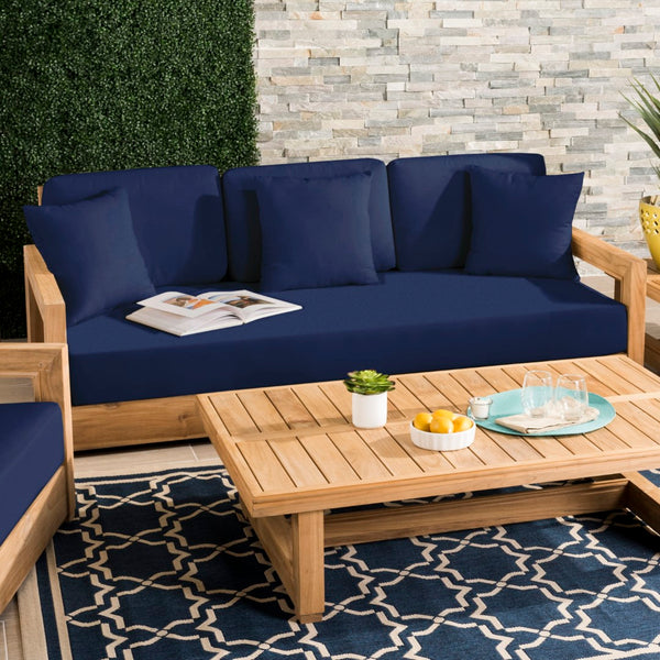 Safavieh Montford Teak 3-Seat Bench Casing Navy Linen Fabric CPT1004B-CASING