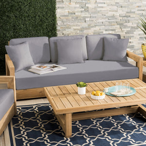 Safavieh Montford Teak 3-Seat Bench Casing Grey Linen Fabric CPT1004C-CASING