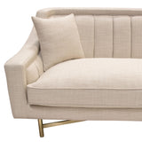 Croft Fabric Sofa in Sand Linen Fabric w/ Accent Pillows and Gold Metal Criss-Cross Frame by Diamond Sofa