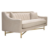 Croft Fabric Sofa in Sand Linen Fabric w/ Accent Pillows and Gold Metal Criss-Cross Frame by Diamond Sofa