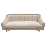 Croft Fabric Sofa in Sand Linen Fabric w/ Accent Pillows and Gold Metal Criss-Cross Frame by Diamond Sofa