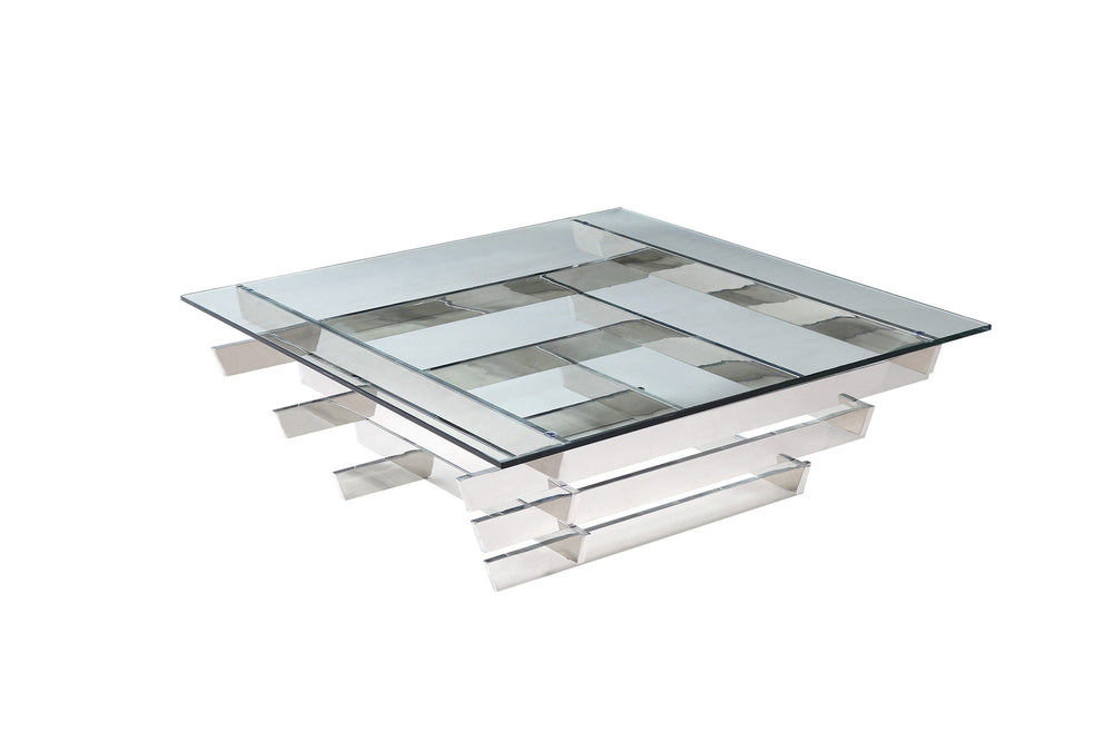 Aura Coffee Table, Square Clear Glass, Stainless Steel Base