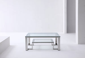 Fab Coffee Table, Square Clear Glass, Stainless Steel Base