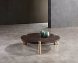 Mimeo Round Coffee Table, Wengee Veneer Top, Brushed Stainless Steel In Brass.