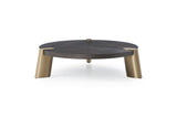 Mimeo Round Coffee Table, Wengee Veneer Top, Brushed Stainless Steel In Brass.