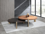 Mimeo Round Coffee Table, Wengee Veneer Top, Brushed Stainless Steel In Brass.